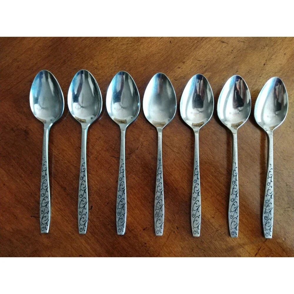 Vtg Lot 7 Dinner Spoons Stainless Grand Prix Florentine Black Swirl Design Japan